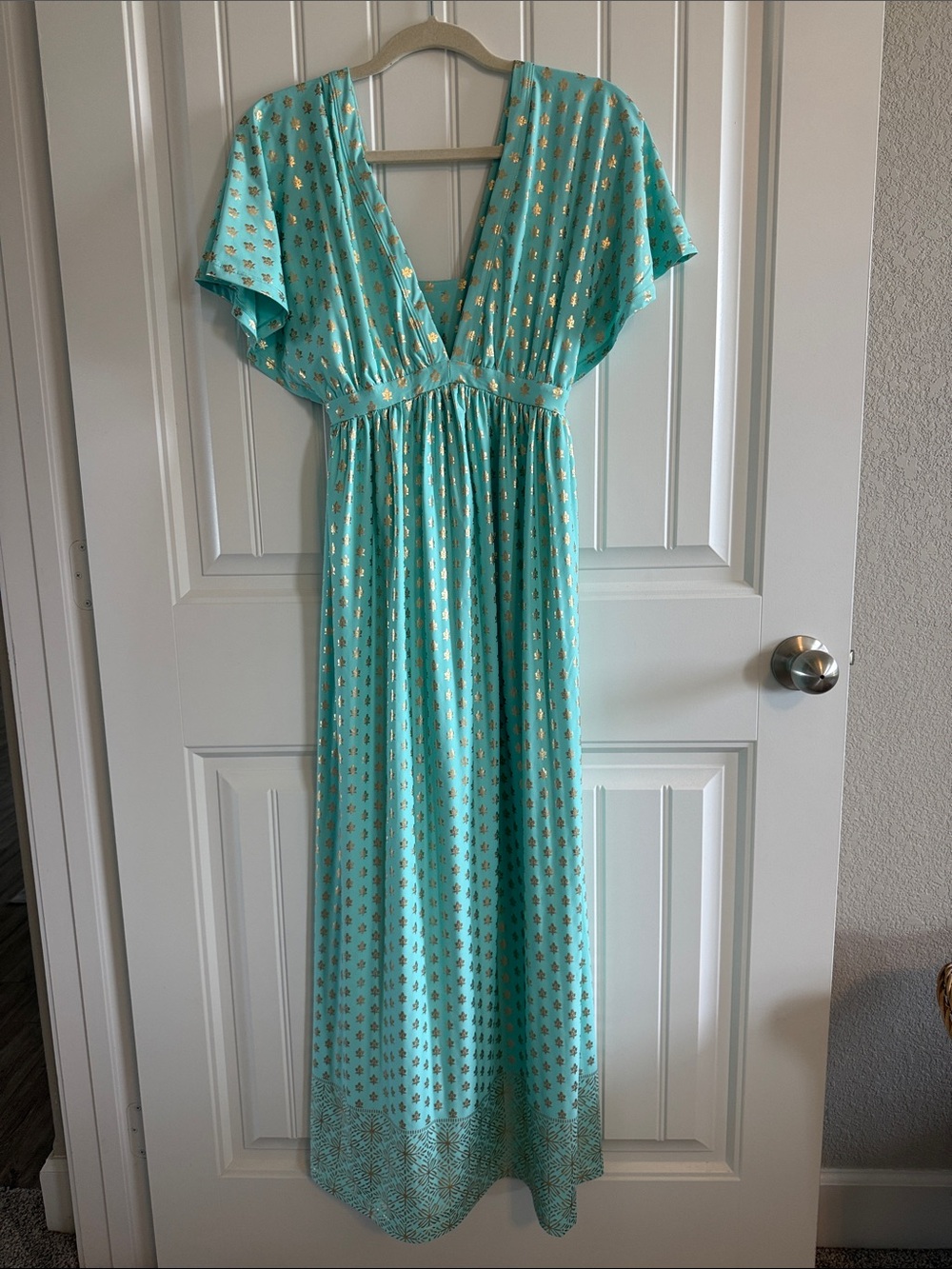 Cabana Life Deep V Flutter Sleeve Maxi Dress NWT Mint Gold UPF 50+ Size Small - Picture 1 of 4